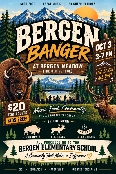 Bergen Banger event poster featuring Colorado mountains, a bison, and an elk